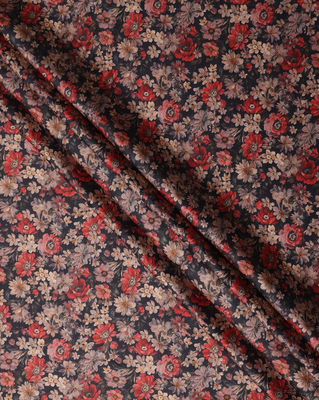 Charcoal Black Floral Satin Fabric 110cm