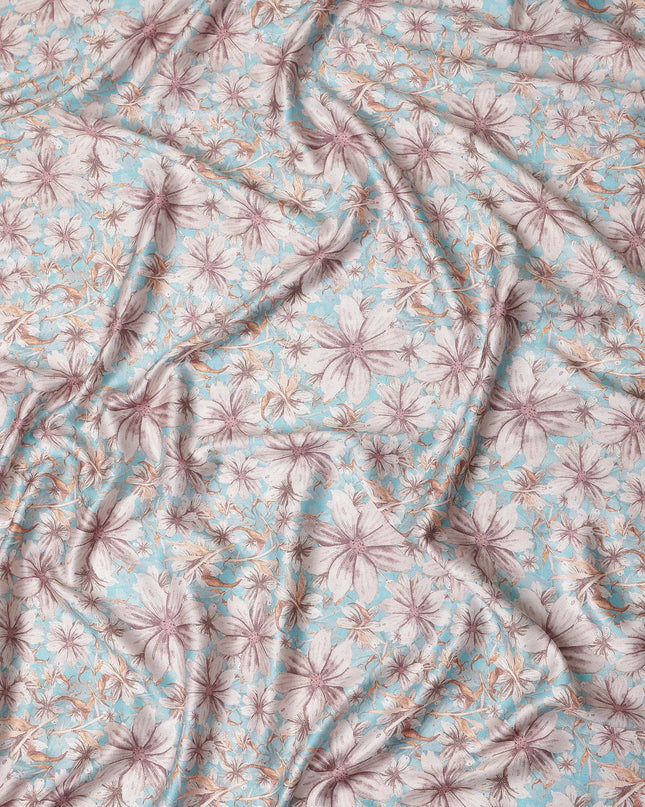Turquoise Blue Floral Satin Fabric 110cm