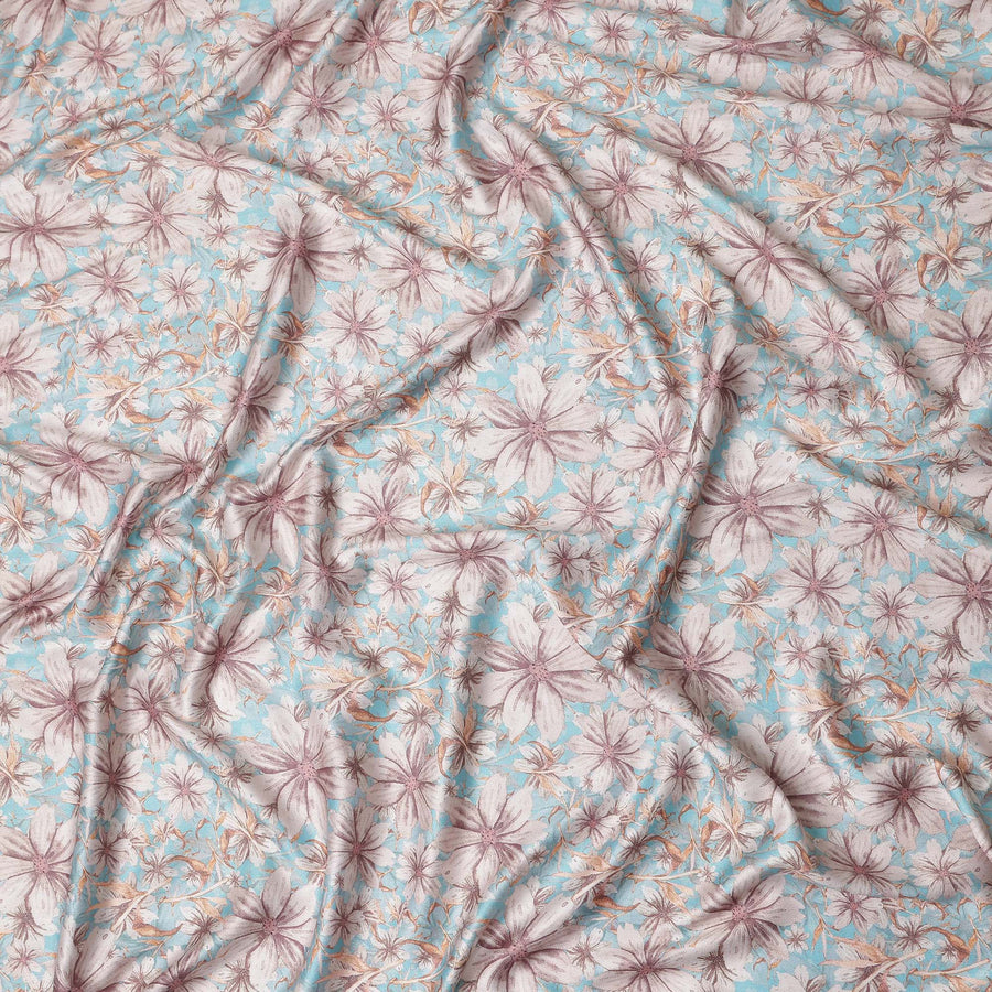 Turquoise Blue Floral Satin Fabric 110cm