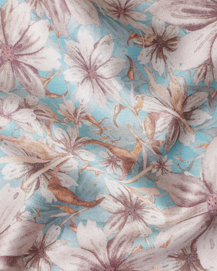 Turquoise Blue Floral Satin Fabric 110cm