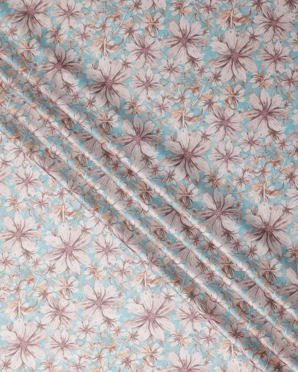 Turquoise Blue Floral Satin Fabric 110cm