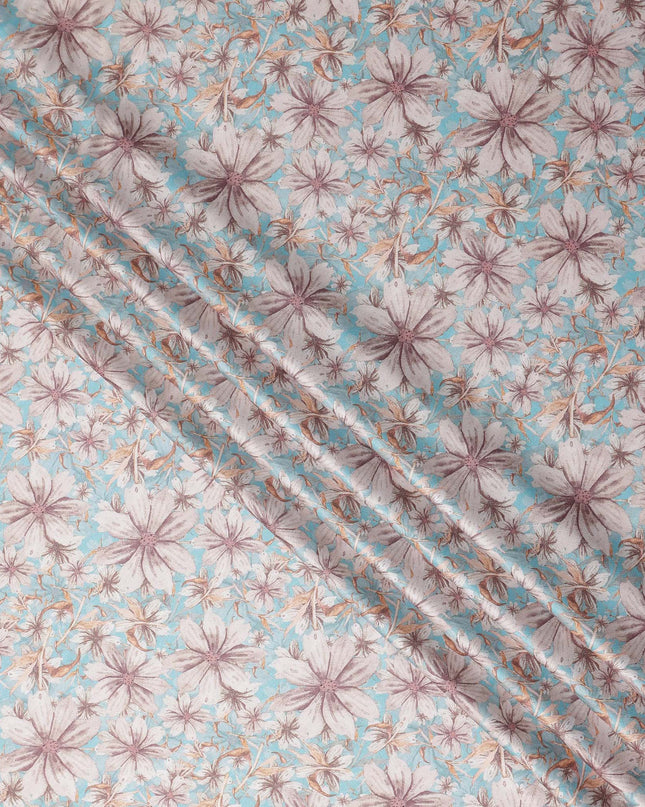 Turquoise Blue Floral Satin Fabric 110cm