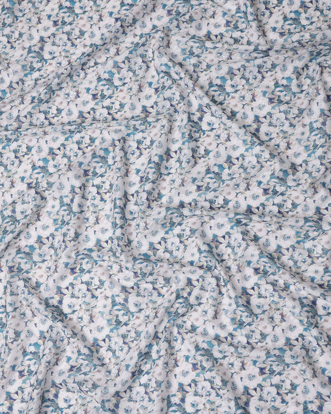 Teal Blue Floral Lawn Fabric 110cm