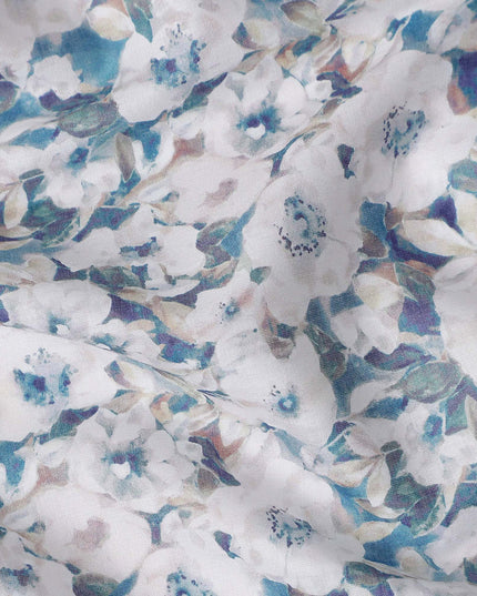 Teal Blue Floral Lawn Fabric 110cm