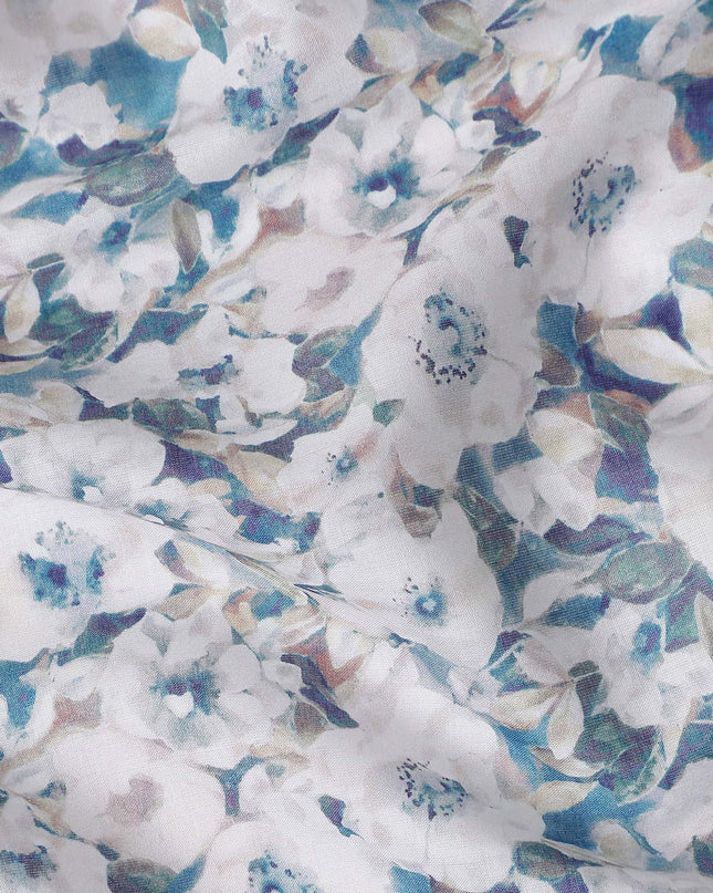 Teal Blue Floral Lawn Fabric 110cm