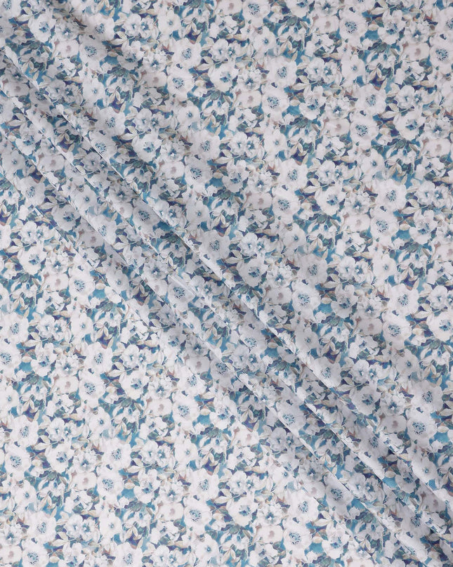 Teal Blue Floral Lawn Fabric 110cm