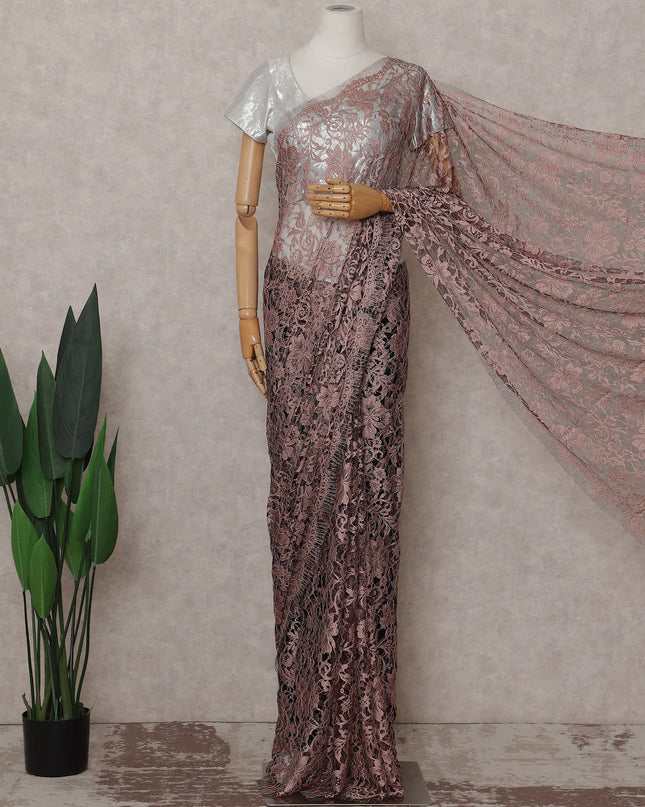 Dusty Rose Floral French Chantilly Lace Saree