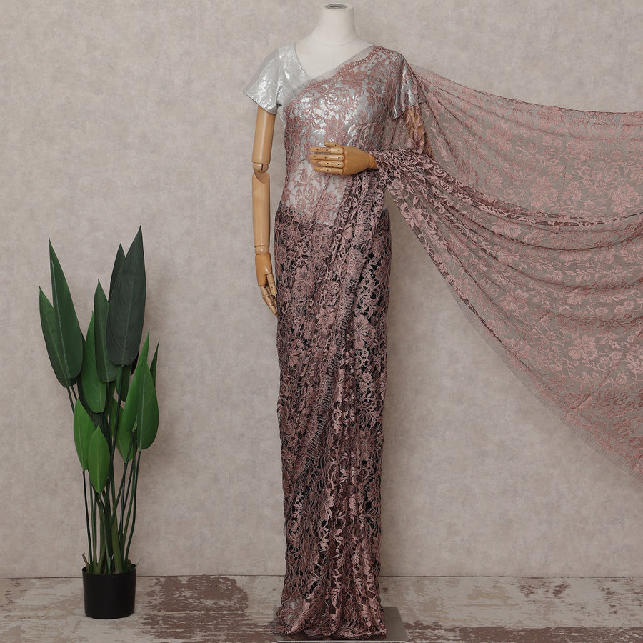 Dusty Rose Floral French Chantilly Lace Saree