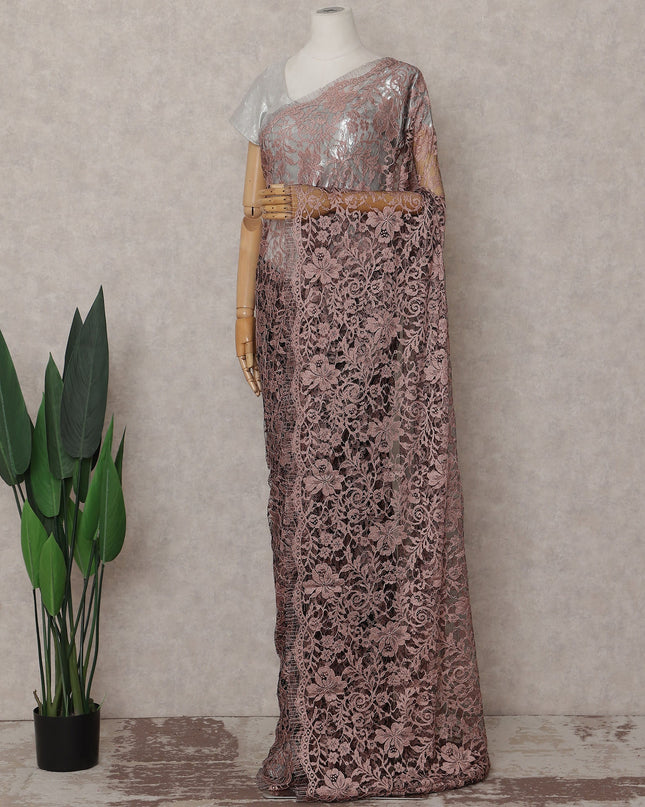 Dusty Rose Floral French Chantilly Lace Saree