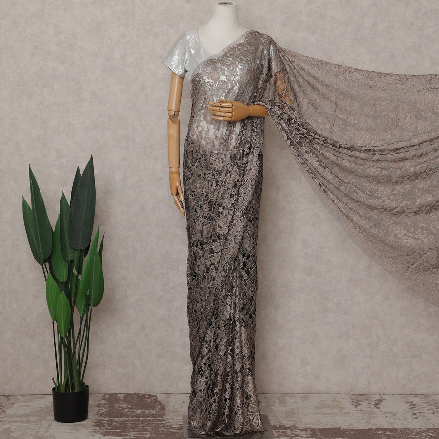 Bronze Pewter Floral French Chantilly Lace Saree