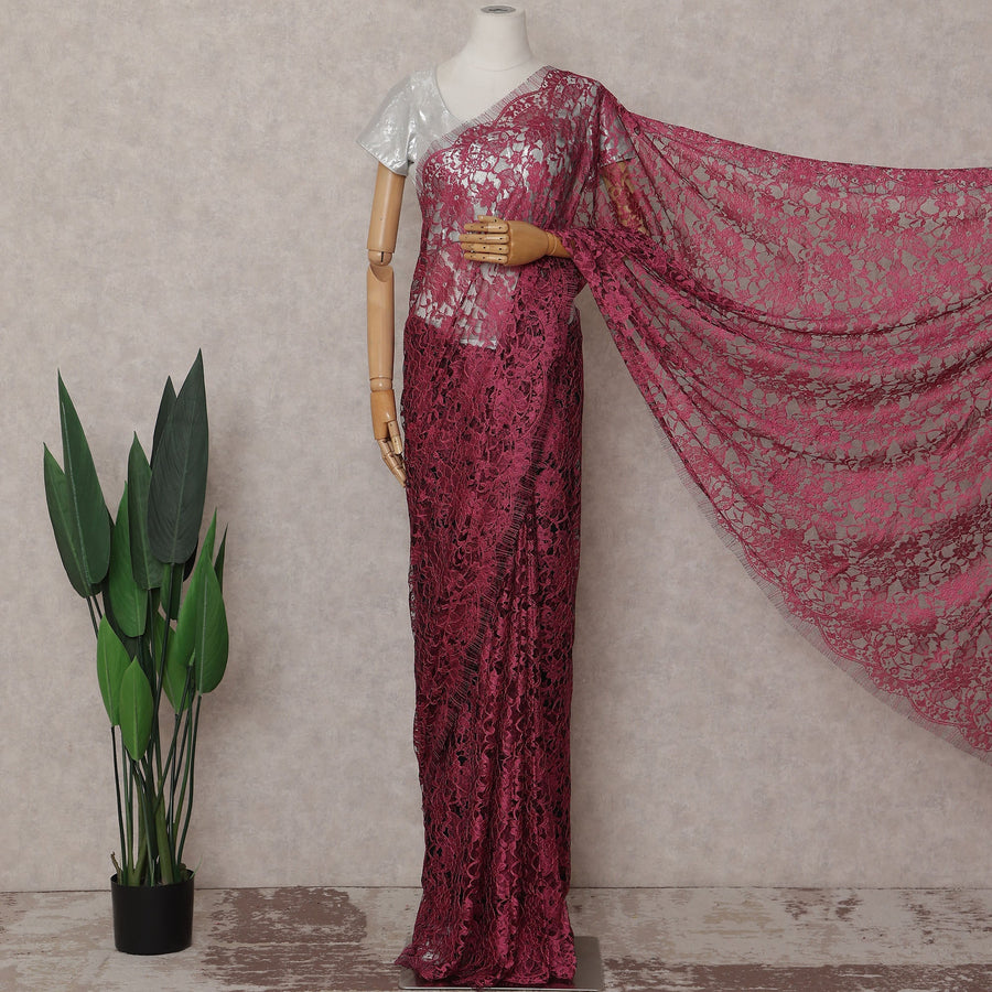 Raspberry Magenta Floral French Chantilly Lace Saree
