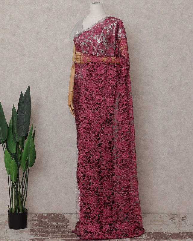 Raspberry Magenta Floral French Chantilly Lace Saree