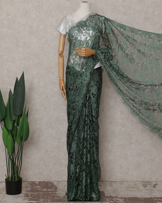 Bottle Green Floral French Chantilly Lace Saree