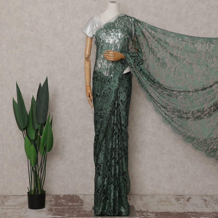Bottle Green Floral French Chantilly Lace Saree