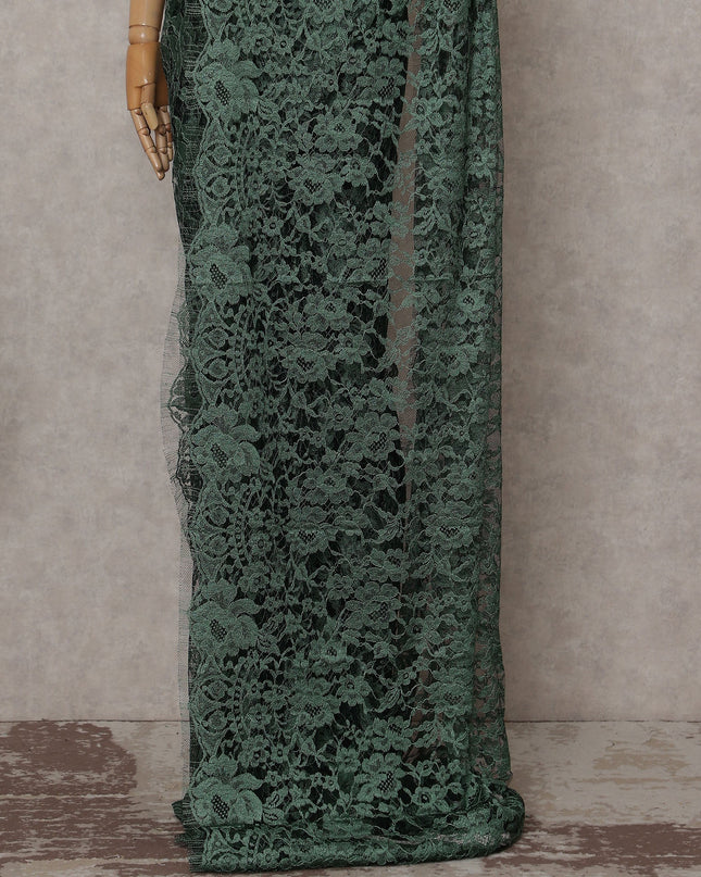 Bottle Green Floral French Chantilly Lace Saree