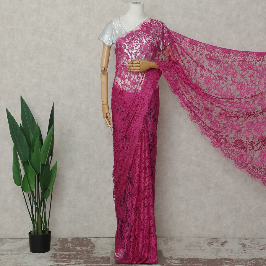 Fuchsia Magenta French Chantilly Lace Saree 5.5m