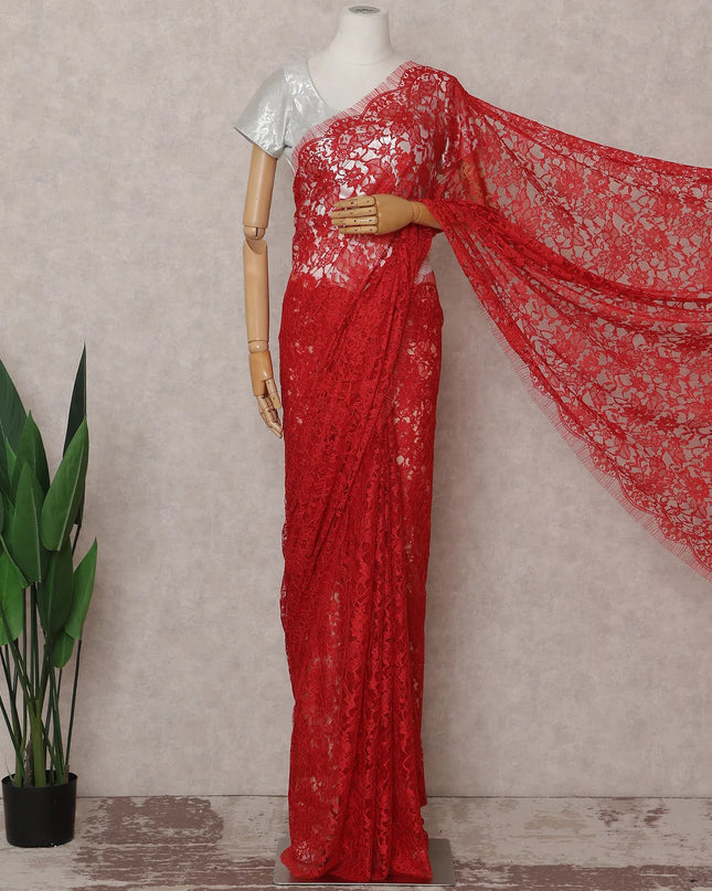 Scarlet Red French Chantilly Lace Saree 5.5m
