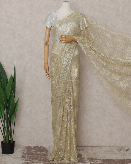 Ivory Gold French Chantilly Lace Saree 5.5m