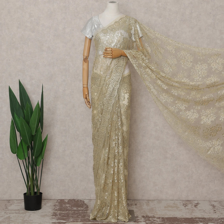 Ivory Gold French Chantilly Lace Saree 5.5m