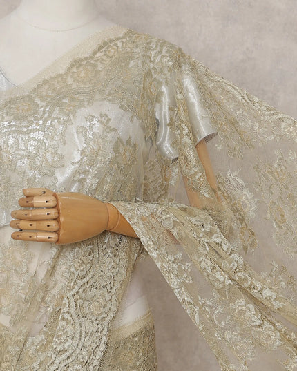 Ivory Gold French Chantilly Lace Saree 5.5m
