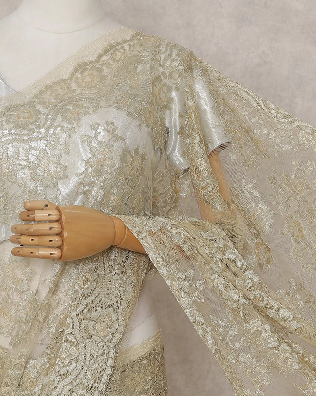 Ivory Gold French Chantilly Lace Saree 5.5m