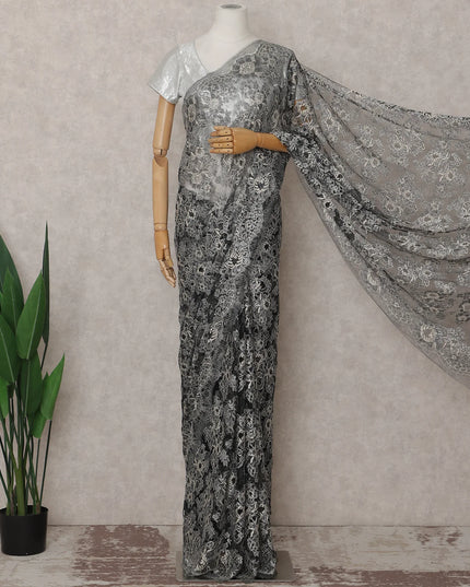 Charcoal Grey French Chantilly Lace Saree 5.5m