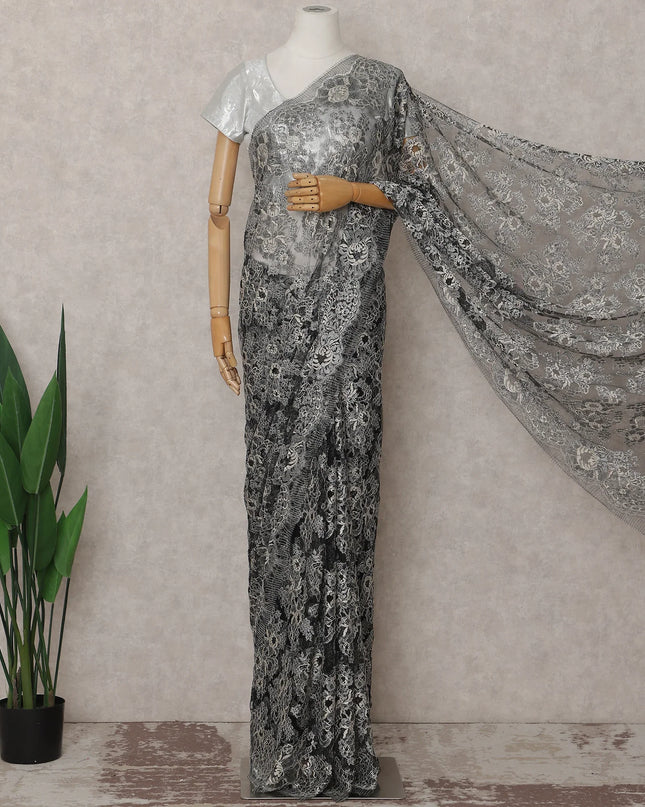 Charcoal Grey French Chantilly Lace Saree 5.5m