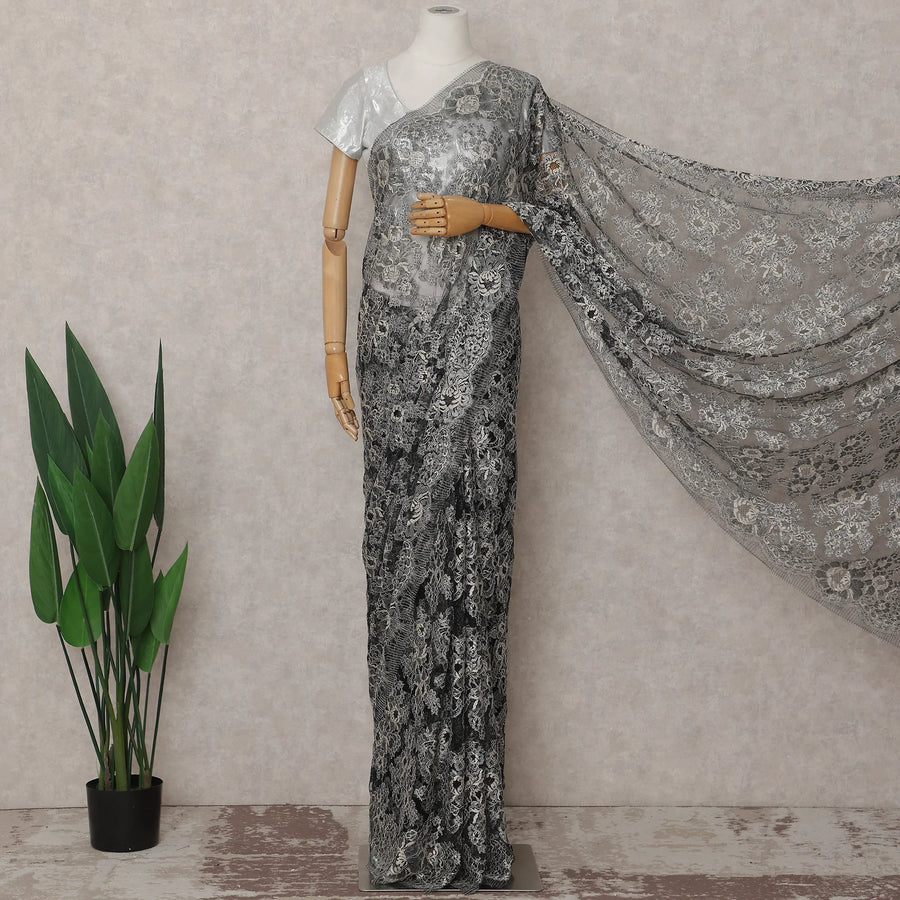 Charcoal Grey French Chantilly Lace Saree 5.5m
