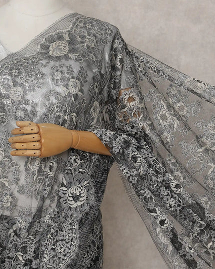 Charcoal Grey French Chantilly Lace Saree 5.5m