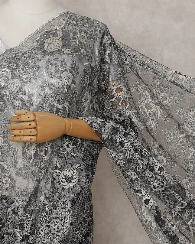 Charcoal Grey French Chantilly Lace Saree 5.5m