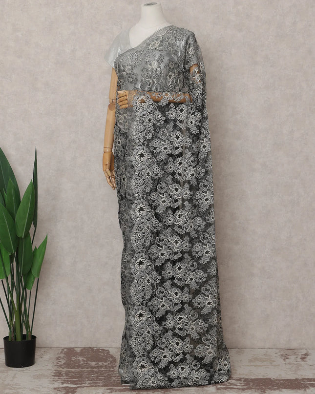 Charcoal Grey French Chantilly Lace Saree 5.5m