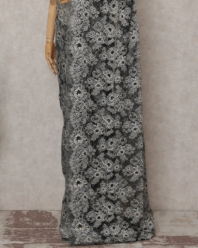 Charcoal Grey French Chantilly Lace Saree 5.5m