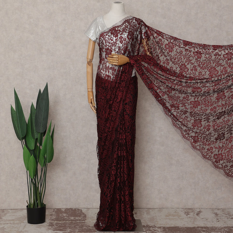 Wine Red Chantilly Lace Saree | Regal Fabrics
