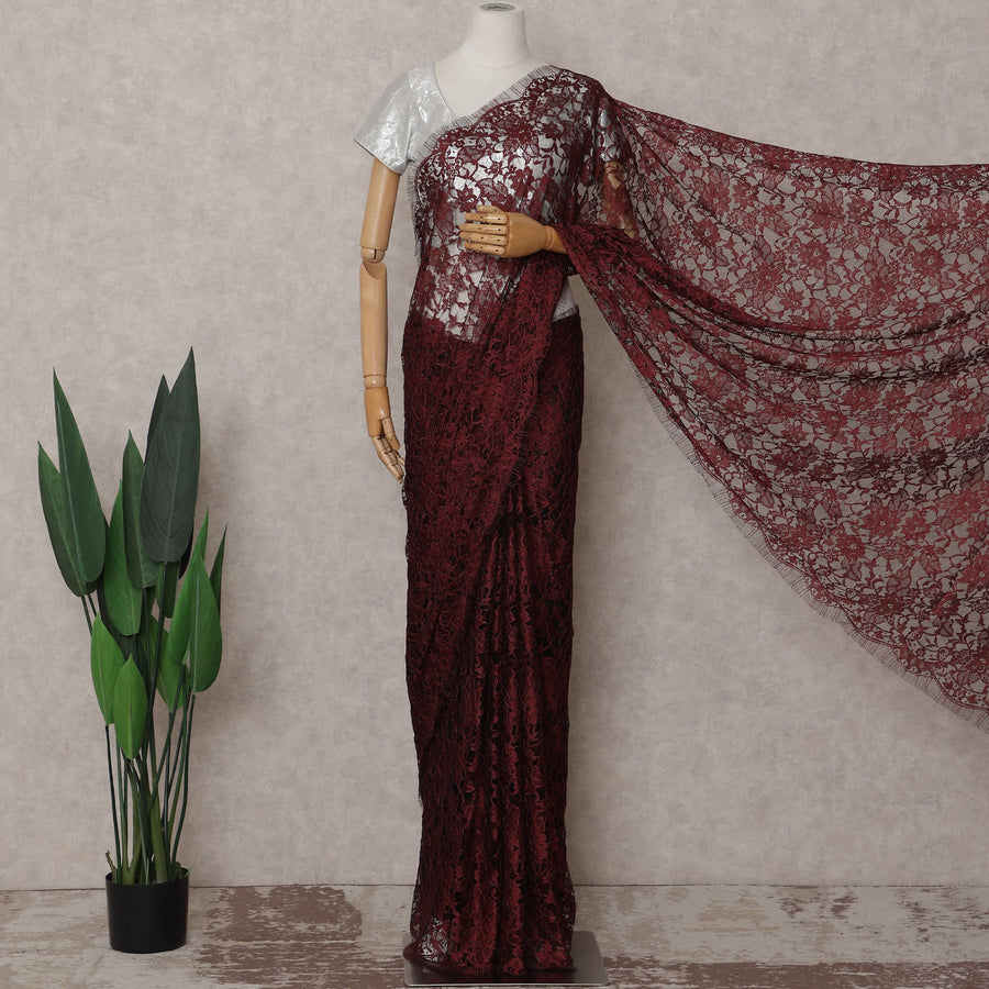 Burgundy French Chantilly Lace Saree