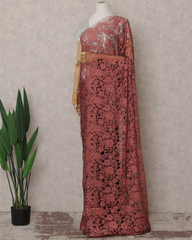 Terracotta Red French Chantilly Lace Saree