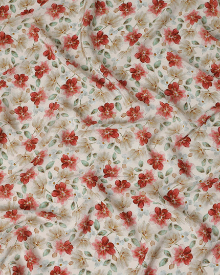 Coral Red Floral Viscose Crepe Fabric 110cm
