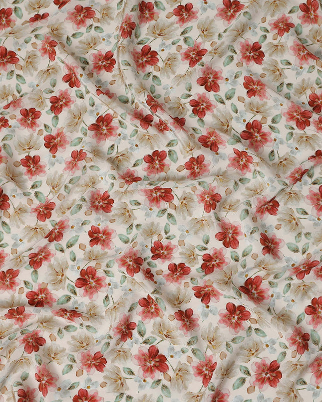 Coral Red Floral Viscose Crepe Fabric 110cm
