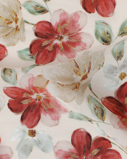 Coral Red Floral Viscose Crepe Fabric 110cm