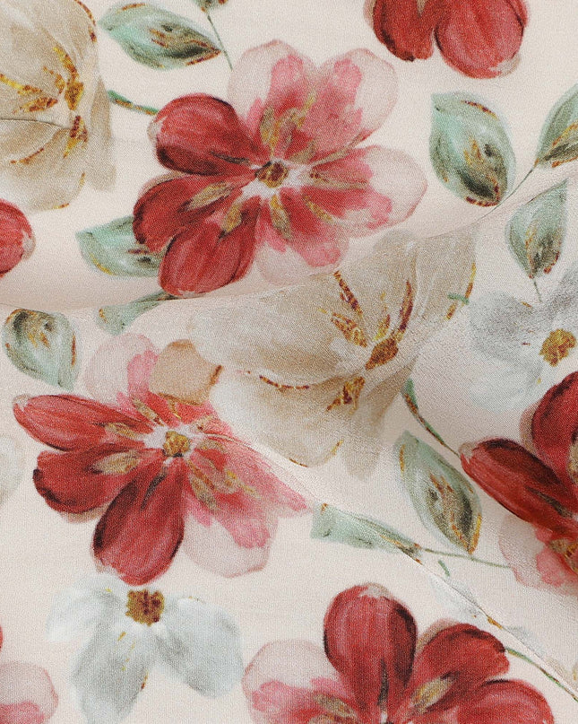 Coral Red Floral Viscose Crepe Fabric 110cm