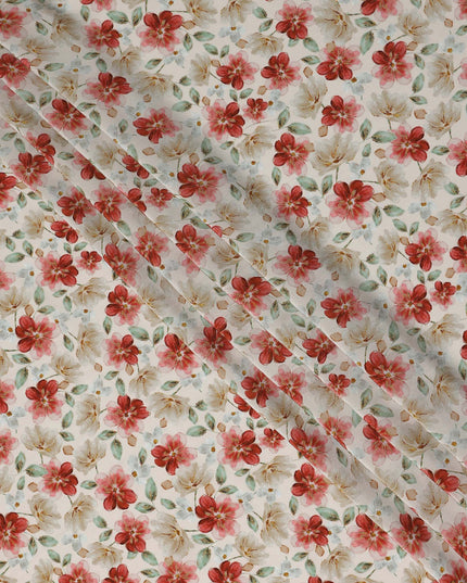 Coral Red Floral Viscose Crepe Fabric 110cm