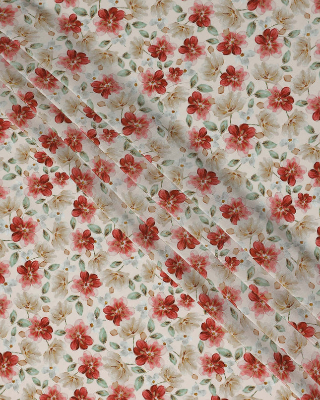 Coral Red Floral Viscose Crepe Fabric 110cm