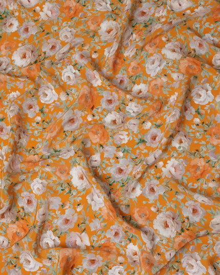Marigold Orange Bouquet Viscose Crepe Fabric 110cm