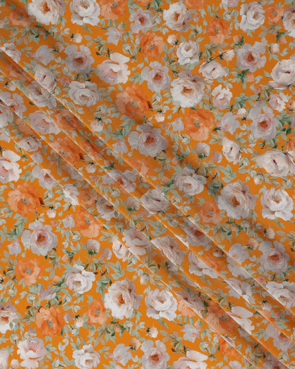 Marigold Orange Bouquet Viscose Crepe Fabric 110cm