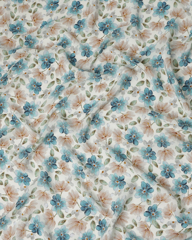 Teal Blue Floral Viscose Crepe Fabric 110cm