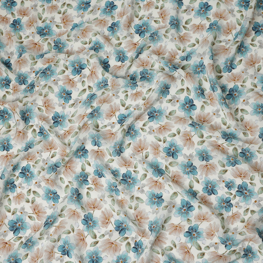 Teal Blue Floral Viscose Crepe Fabric 110cm