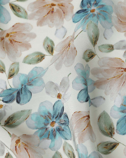 Teal Blue Floral Viscose Crepe Fabric 110cm