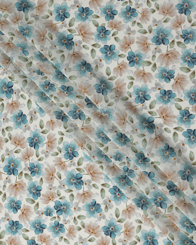 Teal Blue Floral Viscose Crepe Fabric 110cm