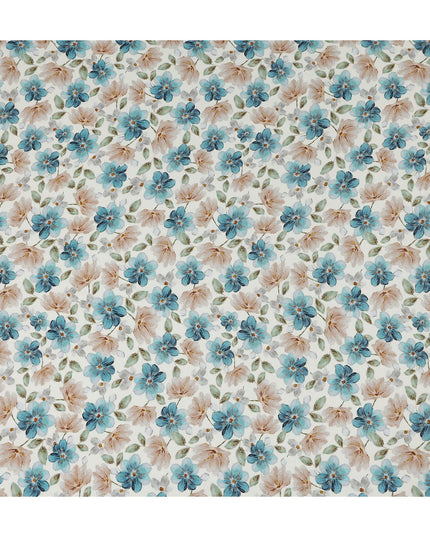 Teal Blue Floral Viscose Crepe Fabric 110cm
