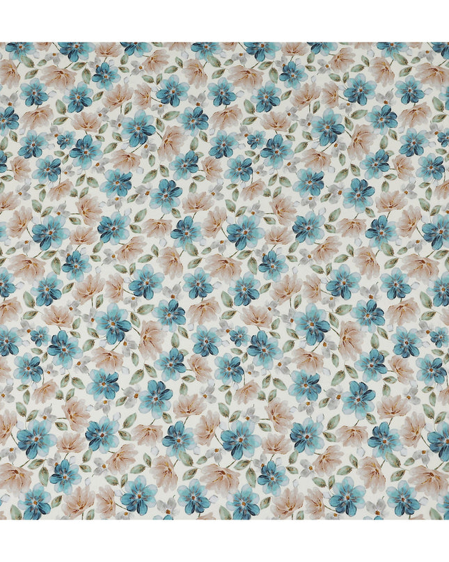 Teal Blue Floral Viscose Crepe Fabric 110cm