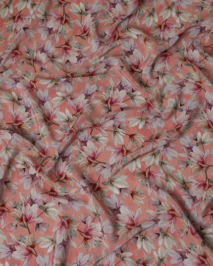 Coral Peach Orange Floral Viscose Crepe Fabric 110cm